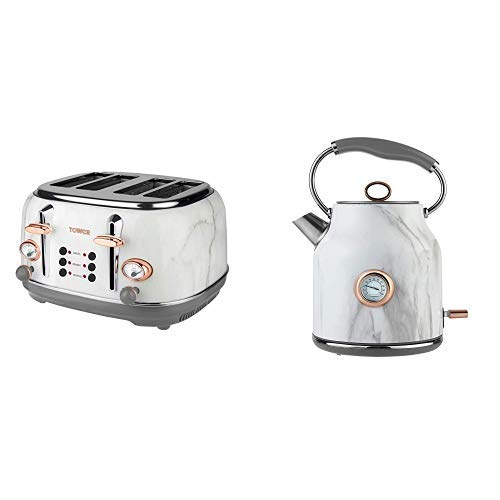 Tower, Tower Kitchen Set 2-Piece, Stylish Cordless Kettle 1.7 Litre, 3000 W and 4-Slice Toaster 1630 W, Marble and Rose Gold