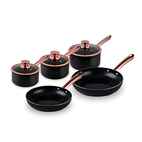 Tower, Tower Linear Induction Pots And Pans Sets, Non Stick Cerasure Coating, Black And Rose Gold, 5 Piece, 16/18/20cm Saucepans, 24/28 cm Frying Pans