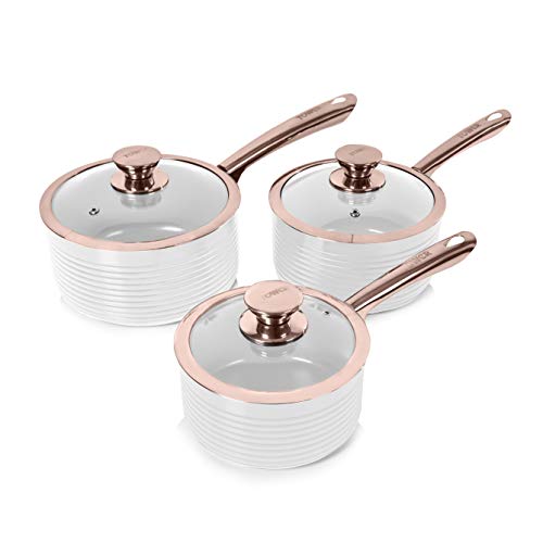 Tower, Tower Linear Induction Saucepans Set With Lids, Non Stick Cerasure Coating, White And Rose Gold, 3 Piece, 16/18/20 cm, Aluminium