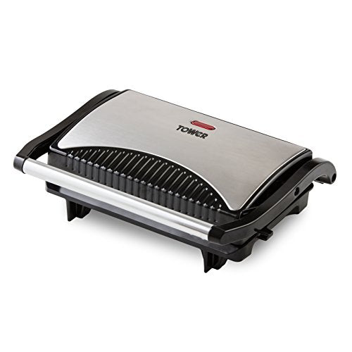 Tower, Tower Mini Panini Press Grill with Easy Clean Non-Stick Coated Plates, Automatic Temperature Control, Stainless Steel, 700 W, Silver/Black