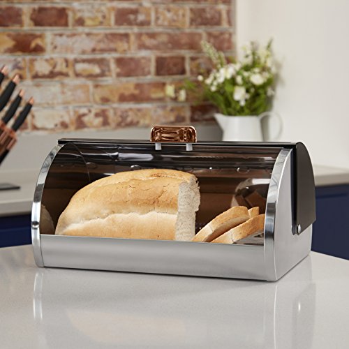 Tower, Tower Square Sensor Bin with Infrared Technology, Stainless Steel Black and Rose Gold, 58 Litre & Linear Roll Top Bread Bin, Stainless Steel