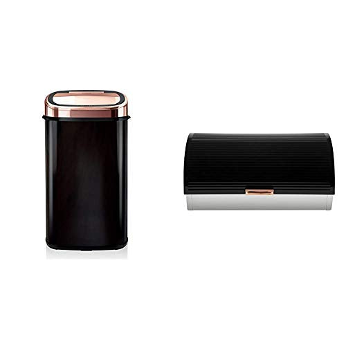 Tower, Tower Square Sensor Bin with Infrared Technology, Stainless Steel Black and Rose Gold, 58 Litre & Linear Roll Top Bread Bin, Stainless Steel