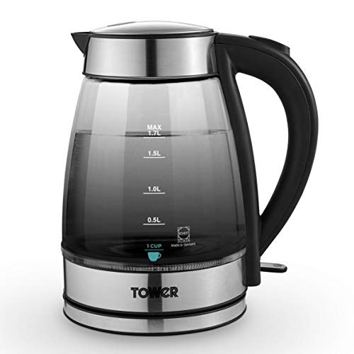 Tower, Tower T10058 Infinity Ombre 1.7 Litre Smoked Schott Glass Kettle with Rapid Boil, LED Light, Removable Filter, 3000W, Stainless Steel