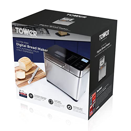 Tower, Tower T11002 Digital Bread Maker, 17 Preset Functions Including Gluten Free and Sourdough Options, Delay Timer and Keep Warm Settings