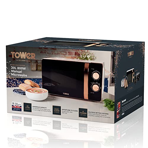 Tower, Tower T24020W Manual Microwave with 30-Minute Timer and 6 Power Levels, 20L, 800W White and Rose Gold
