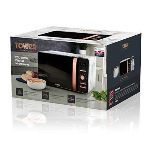 Tower, Tower T24021WMRG Digital Microwave with 60-Minute Timer and 8 Autocook Settings, 20L, 800W White Marble and Rose Gold