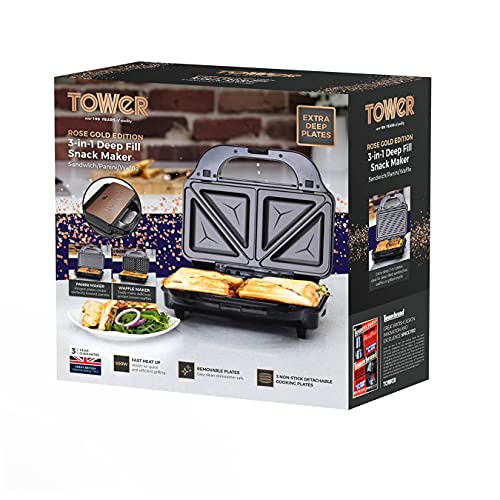 Tower, Tower T27020RG 3-in-1 Deep Fill Sandwich Maker with Interchangeable Waffle Plates, Rose Gold