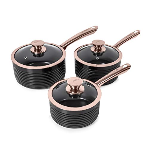 Tower, Tower T800001RB Linear Non Stick Induction Saucepans Sets With Lids, Easy Clean, Black and Rose Gold, 3 Piece Set, 16/18/20 cm