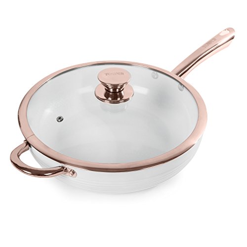 Tower, Tower T800003RW Linear Induction Saute Pan With Lid, Non Stick Cerasure Coating, White And Rose Gold, 2.6 Litre, 28 cm