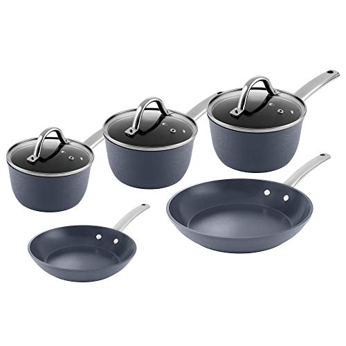 Tower, Tower T900022 Frying Pan and Saucepan Set, Ice Diamond, Aluminium with Easy Clean Non-Stick Inner Coating, Grey, 5 Piece