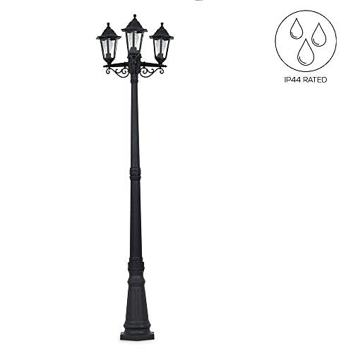 MiniSun, Traditional 1.95m Black 3 Way IP44 Outdoor Garden Lamp Post Light - Complete with 3 x 4w LED Candle Bulbs
