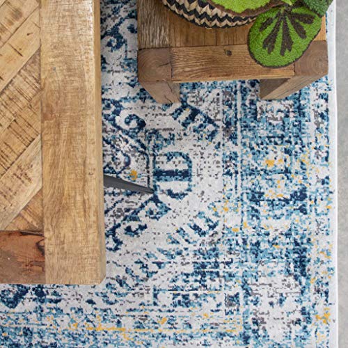 The Rug House, Traditional Navy Blue Aztec Rug Vintage Inspired Distressed Bohemian Living Room Area Bedroom Rugs 190cm x 280cm