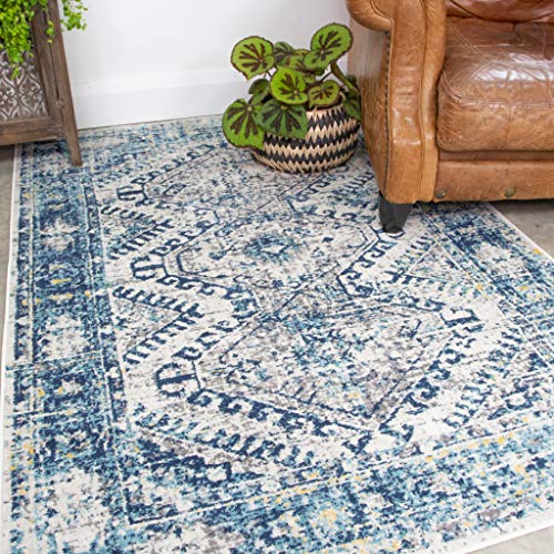 The Rug House, Traditional Navy Blue Aztec Rug Vintage Inspired Distressed Bohemian Living Room Area Bedroom Rugs 190cm x 280cm
