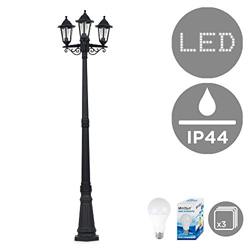 MiniSun, Traditional Victorian Style 1.95m Black 3 Way IP44 Outdoor Garden Lamp Post Light - Complete with 15w LED GLS Bulbs [6500K Cool White]