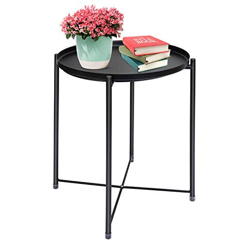 autumndeer, Tray Metal End Table, Foldable & Removable Round Side Tables, Anti-Rust and Waterproof Snack Table, Easy to Assemble & Clean, Adjustable