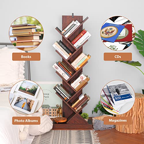 BATHWA, Tree Bookshelf, 9-Tier Rustic Tree Bookcase, Narrow Bookshelf for Small Space, Sturdy Anti-Fall Book Shelf Organizer for Home Office