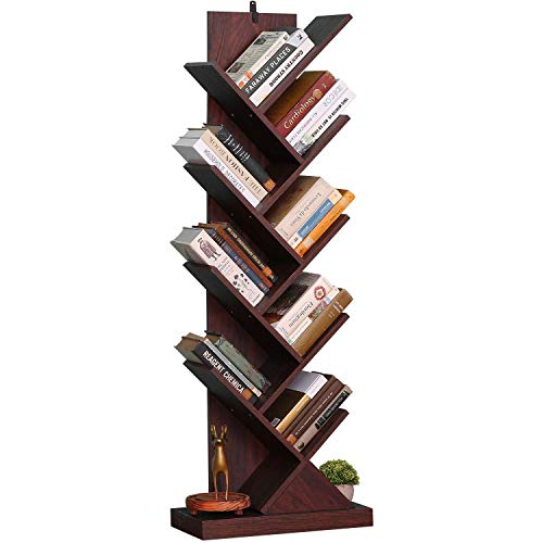 BATHWA, Tree Bookshelf, 9-Tier Rustic Tree Bookcase, Narrow Bookshelf for Small Space, Sturdy Anti-Fall Book Shelf Organizer for Home Office