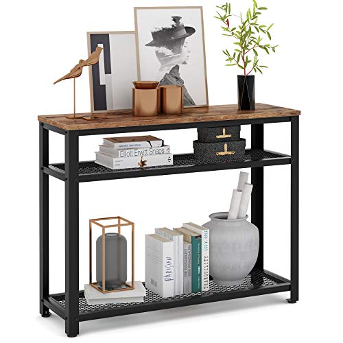 Tribesigns, Tribesigns 3-Tier Console Table, Narrow Console Table Side Table with Mesh Storage Shelves, Industrial Wood and Metal Slim Hallway Sofa