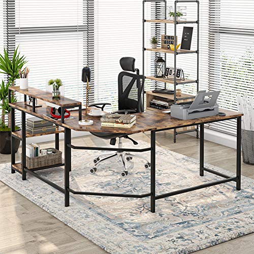 Tribesigns, Tribesigns Computer Desk Gaming Desk L-Shaped Writing Workstation Corner Study Desk PC Notebook Laptop Industrial Computer Desk Table with Large Monitor Stand and Shelves for Home Office