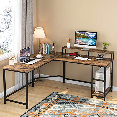 Tribesigns, Tribesigns Computer Desk Gaming Desk L-Shaped Writing Workstation Corner Study Desk PC Notebook Laptop Industrial Computer Desk Table with Large Monitor Stand and Shelves for Home Office