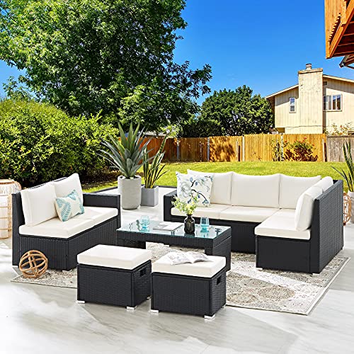 Tribesigns, Tribesigns Outdoor Patio 9 Pieces Garden Furniture Set, Rattan Set, Seat Glass Coffee Table, Conversation Set With Cushions and Pillows