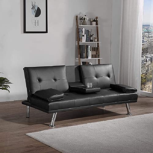Trintion, Trintion Sofa Bed 3 Seater Click Clack Sofabed with 2 Cup Holders Faux Leather Sofas Couches Recliner Settee for Living Room Bedroom Guest