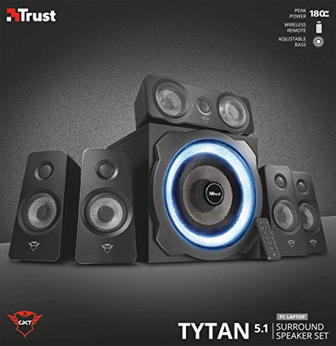Trust Gaming, Trust Gaming 22004 GXT 658 Tytan 5.1 Surround Sound Speaker System, PC Speakers with Subwoofer, UK Plug, LED Illuminated
