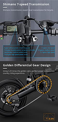 ADO, UK Next Working Day ADO 16 Inch Electric Folding Bicycle A16 Shimano 7 speed Removable Battery (Black)