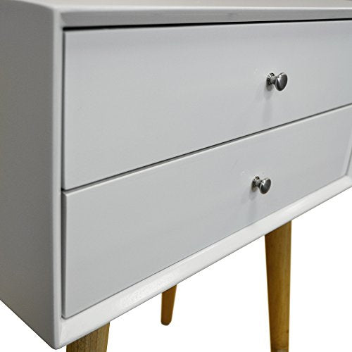 WATSONS, UNION - High Gloss and Solid Wood Side Table/Bedside Table with 2 Drawers - White/Pine
