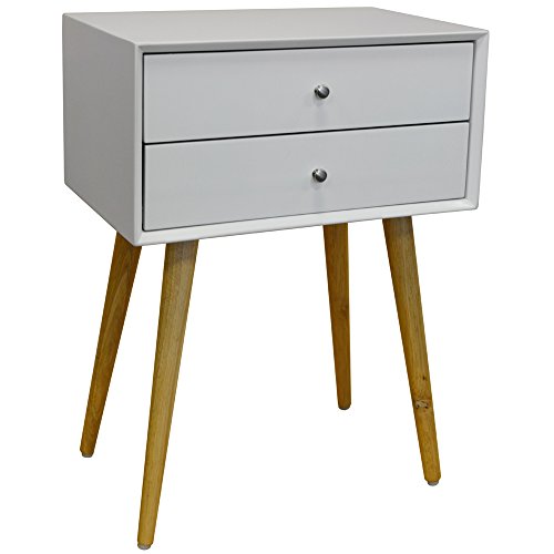 WATSONS, UNION - High Gloss and Solid Wood Side Table/Bedside Table with 2 Drawers - White/Pine
