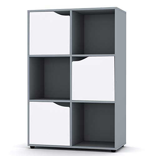 URBNLIVING, URBNLIVING Wooden Grey Cube Bookcase Shelving Display Shelves Storage Units Wood Shelf Door (Grey Bookcase And White Doors, 6 Cube)