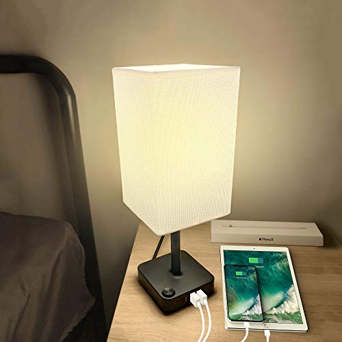 ALACOO, USB Bedside Table Desk Lamp with 3 USB Charging Ports,Black Charger Base with White Fabric Shade, LED Light for Bedroom/Nightstand/Living