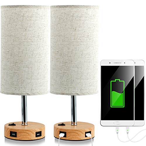 Jasni, USB Bedside Table Lamp, Bedside Table Lamp with Dual USB Charging Port, Elegant Modern Bedroom Lamp, Solid Wood Base,Fabric Shade