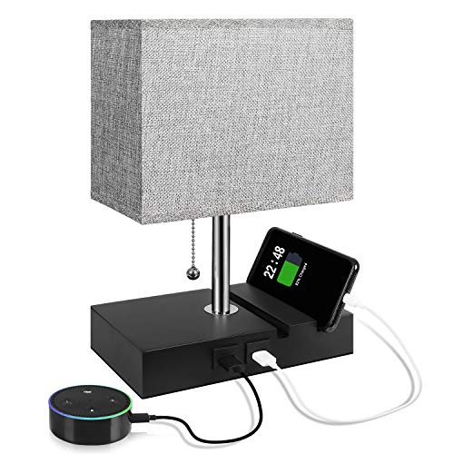 Aooshine, USB Table Lamp with 2 Useful USB Ports, Aooshine USB Bedside Lamp, Suitable for Nightstand Lamp or Bedroom Lamps, Grey Fabric Shade