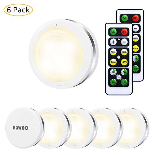 Bawoo, Under Cabinet Lights, Bawoo Wireless LED Puck Lights Remote Control, 4000K Natural White Brightness Dimmable Battery Powered Touch Closet Cupboard Kitchen Wardrobe Lights, 6 Pack