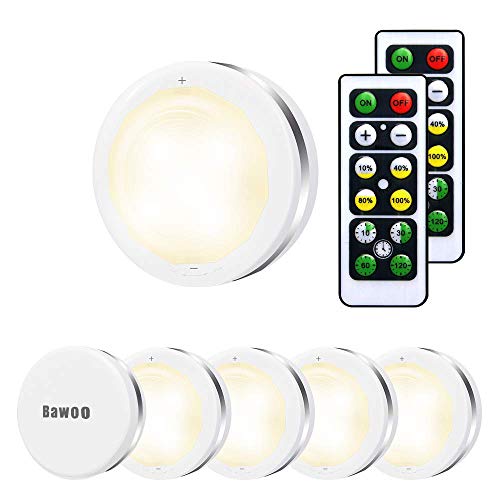 Bawoo, Under Cabinet Lights, Bawoo Wireless LED Puck Lights Remote Control, 4000K Natural White Brightness Dimmable Battery Powered Touch Closet Cupboard Kitchen Wardrobe Lights, 6 Pack