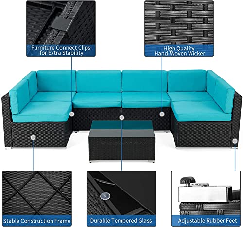 UNIONLINE, Unionline 7 Pieces Garden Furniture Sets, 6-Seater Outdoor Patio Rattan Sofa Set Wicker Corner Sofa Set with Coffee Table, Upgraded Cushions (Blue)