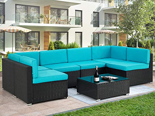 UNIONLINE, Unionline 7 Pieces Garden Furniture Sets, 6-Seater Outdoor Patio Rattan Sofa Set Wicker Corner Sofa Set with Coffee Table, Upgraded Cushions (Blue)