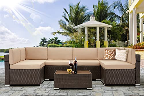 UNIONLINE, Unionline 7 Pieces Garden Furniture Sets, 6-Seater Outdoor Patio Rattan Sofa Set Wicker Corner Sofa Set with Coffee Table, Upgraded Cushions