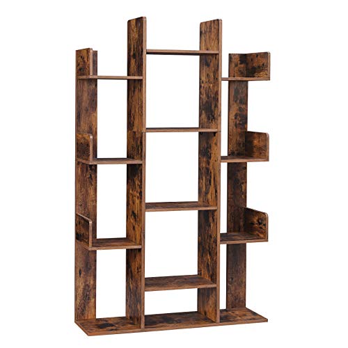 VASAGLE, VASAGLE Bookshelf, Tree-Shaped Bookcase with 13 Storage Shelves, 86 x 25 x 140 cm, with Rounded Corners, Rustic Brown LBC67BXV1