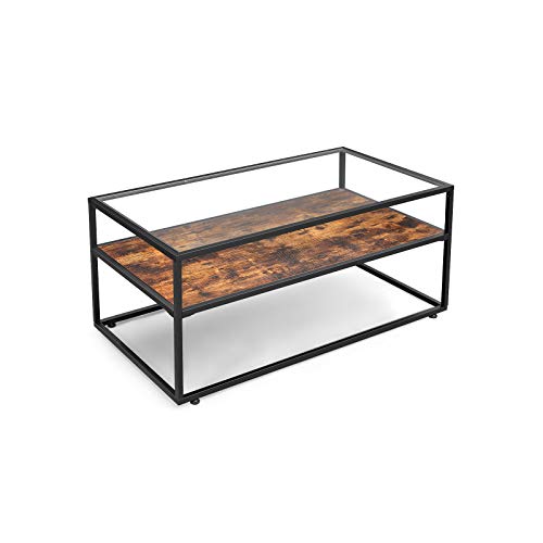 VASAGLE, VASAGLE Coffee Table, Cocktail Table with Tempered Glass Top, Stable Steel Frame, Living Room Decoration, Rustic Brown and Black LCT30BX