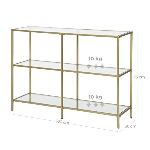 VASAGLE, VASAGLE Console Table, 3-Tier Tempered Glass Sofa Table, Modern Storage Shelf, Sturdy, Easy Assembly, for Living Room, Bedroom, Kitchen, Golden LGT27G