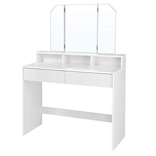 VASAGLE, VASAGLE Dressing Table with Tri-Fold Mirror, Makeup Table with 2 Drawers and 3 Open Compartments, Vanity Table, Modern Style, White RDT115W01