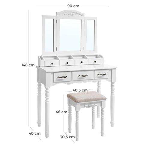 VASAGLE, VASAGLE Dressing table with 7 Drawers, Makeup Table with Tri-Fold Necklace Hooked Mirror, 2 Brush Slots and 4 Open Compartments