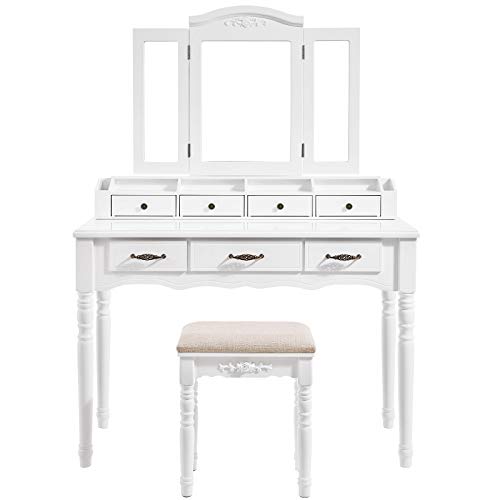 VASAGLE, VASAGLE Dressing table with 7 Drawers, Makeup Table with Tri-Fold Necklace Hooked Mirror, 2 Brush Slots and 4 Open Compartments