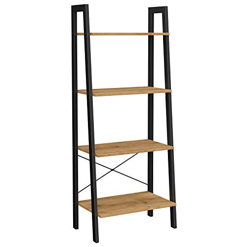 VASAGLE, VASAGLE Ladder Shelf, Bookshelf, 4-Tier Industrial Storage Rack for Living Room, Bedroom, Kitchen,?Honey Brown and Black LLS044B05