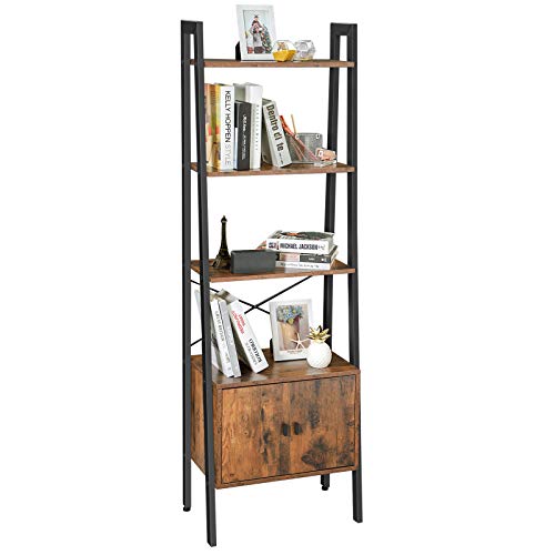 VASAGLE, VASAGLE Ladder Shelf, Bookshelf with Cupboard, Living Room Shelf, 4 Shelves, Stable Iron Frame, Bedroom, Office, 56 x 34 x 173 cm