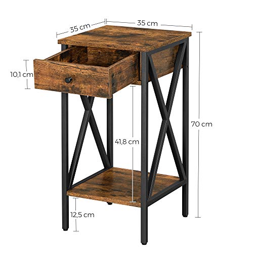 VASAGLE, VASAGLE Nightstand, End Table, Tall Bedside Table with Drawer and Storage Shelf, Industrial, Rustic Brown and Black LET501B01