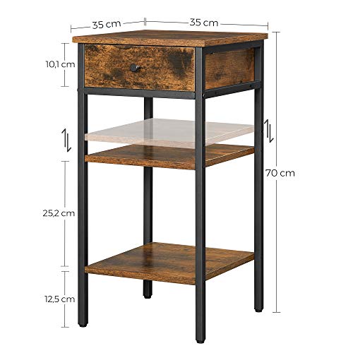 VASAGLE, VASAGLE Nightstand, End Table, Tall Bedside Table with a Drawer and 2 Storage Shelves, Space Saving, Industrial Accent Table, Rustic Brown