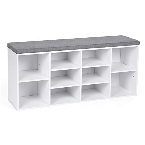 VASAGLE, VASAGLE Shoe Bench, Shoe Shelf, Shoe Rack, Storage Cabinet, 10 Compartments, with Cushion, for Entryway, 104 x 30 x 48 cm, White LHS10WT